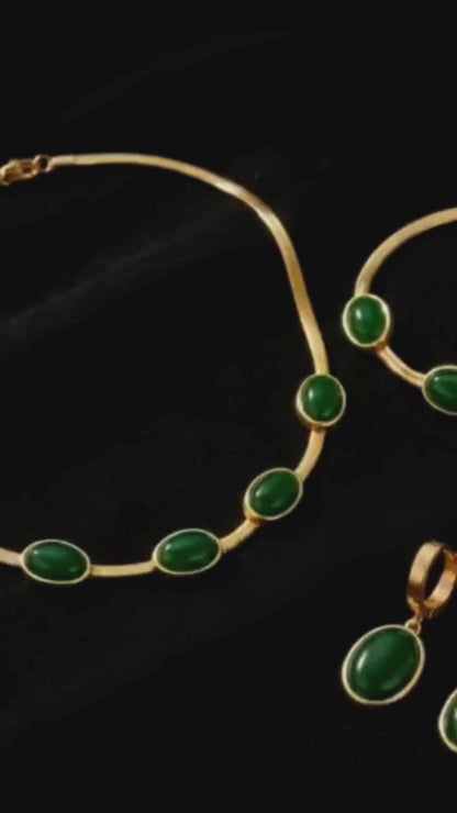 Oval Green Crystal Pendant Necklace Set With Bracelet